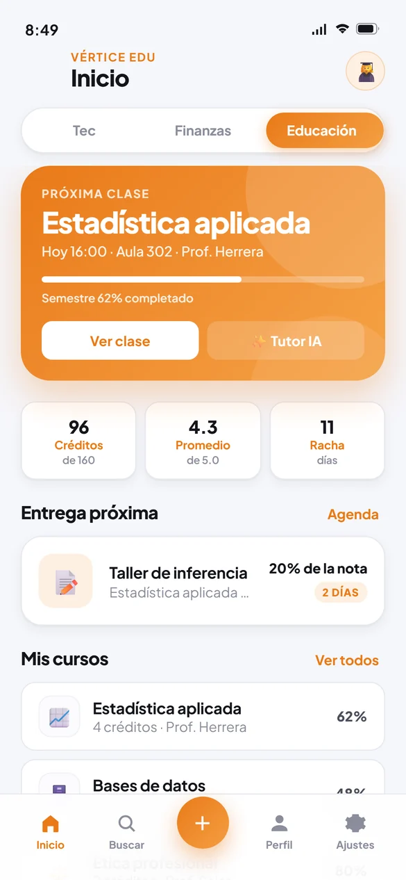 Pantalla de inicio de la vertical de educación