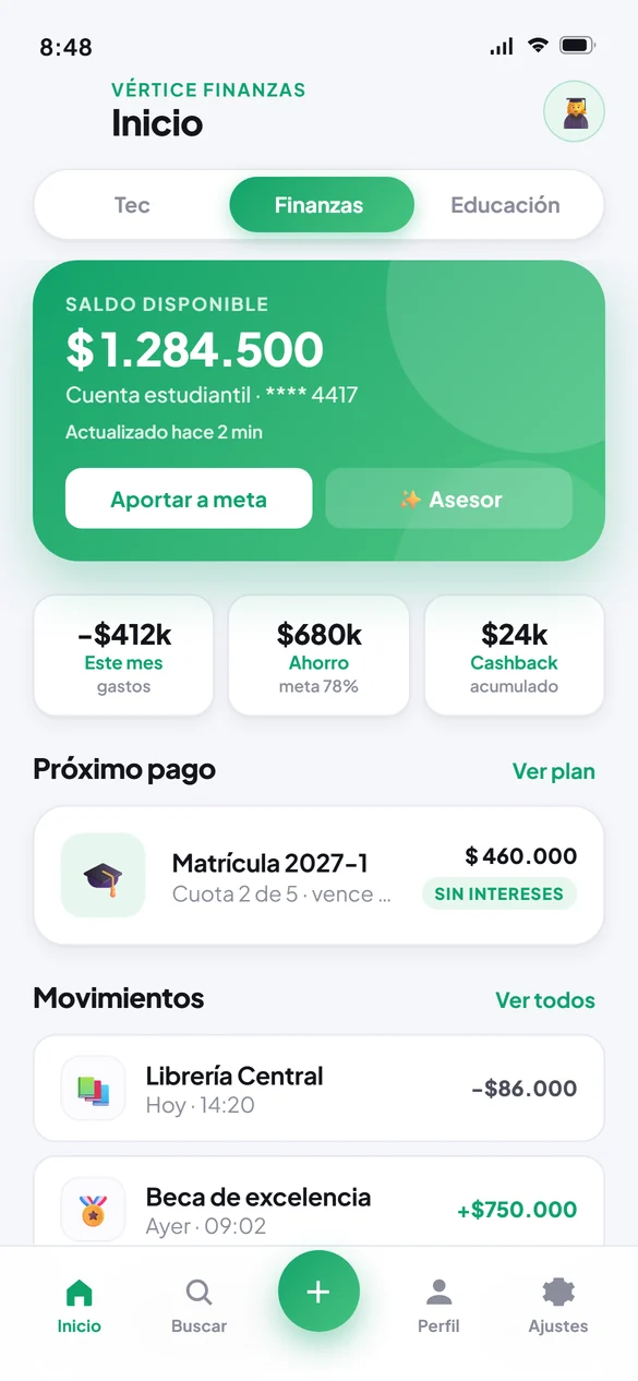 Pantalla de inicio de la vertical de finanzas