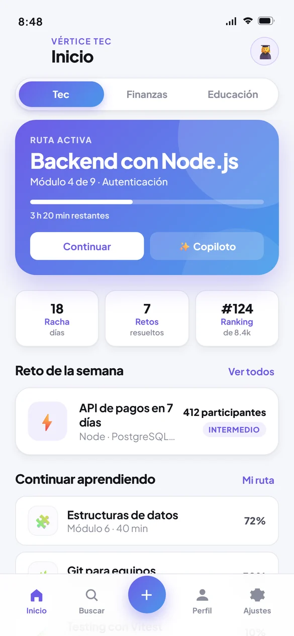 Pantalla de inicio de la vertical tecnológica